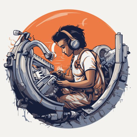 Illustration for Vector illustration of a mechanic repairing a motorbike with a wrench. - Royalty Free Image