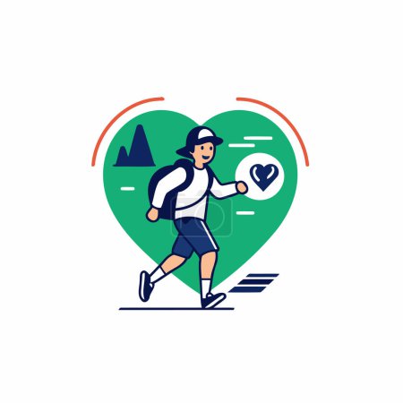 Illustration for Running man with heart. Healthy lifestyle concept. Vector illustration in flat style - Royalty Free Image