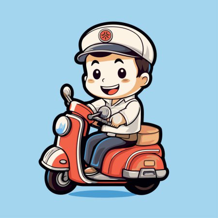 Ilustración de Lindo chico conduciendo una scooter sobre un fondo azul. Ilustración vectorial. - Imagen libre de derechos