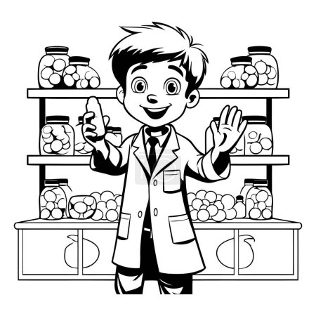 Téléchargez les illustrations : Joli gamin dans une épicerie. Illustration vectorielle noir et blanc. - en licence libre de droit