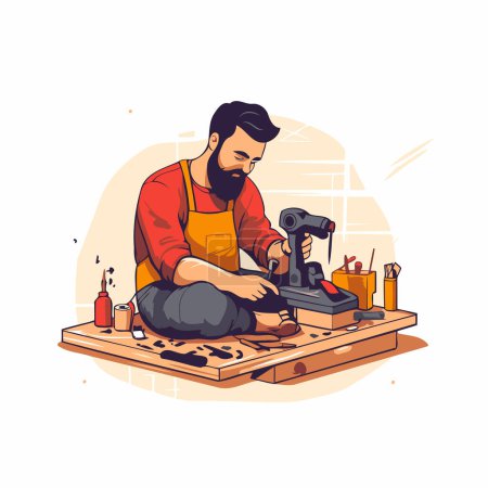 Illustration for Carpenter working in his workshop. Vector illustration in cartoon style. - Royalty Free Image