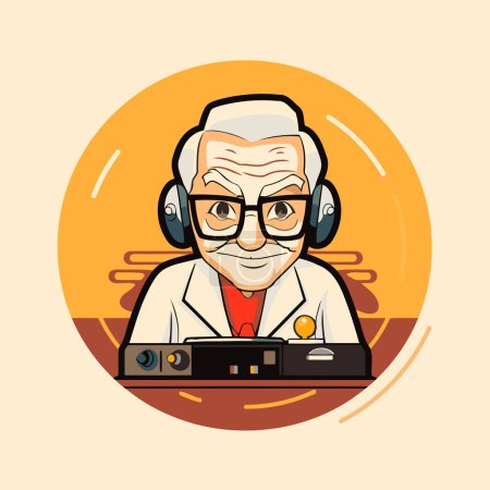 Doctor with headphones and record player. Vector illustration in cartoon style.