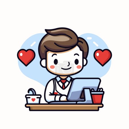 Illustration for Businessman working on laptop in office. Vector line art illustration. - Royalty Free Image