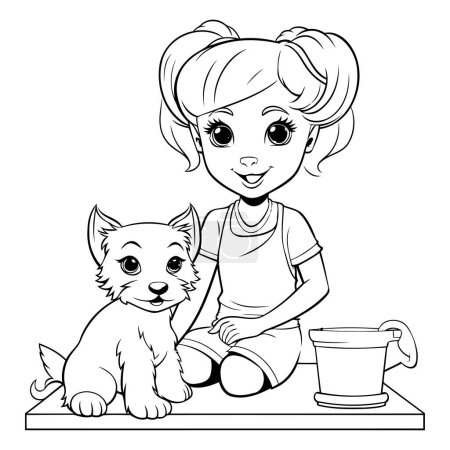 Téléchargez les illustrations : Petite fille mignonne avec son chien mignon. Illustration vectorielle pour livre à colorier. - en licence libre de droit