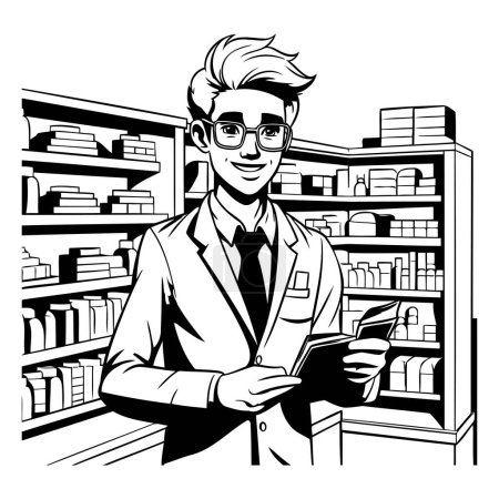 Téléchargez les photos : Beau pharmacien dans une pharmacie. Illustration noir et blanc. - en image libre de droit