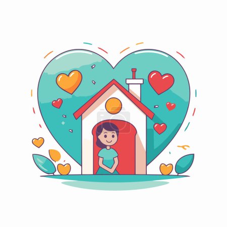 Ilustración de Linda niñita en una casa con corazón. Ilustración vectorial. - Imagen libre de derechos