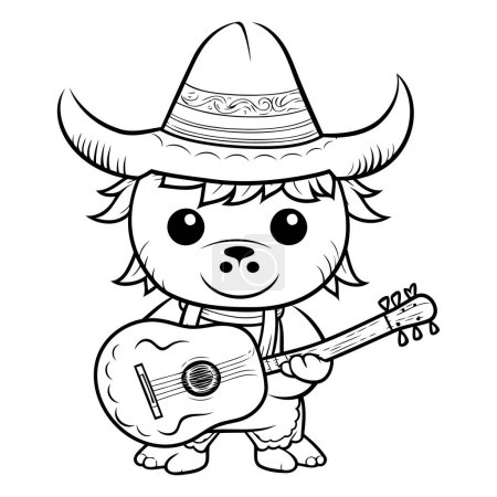 Illustration for Black and White Cartoon Illustration of Bull Mascot Character with Guitar - Royalty Free Image