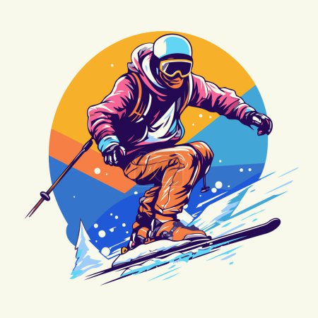 Téléchargez les illustrations : Illustration vectorielle du skieur sautant sur des skis. Fond de sport d'hiver - en licence libre de droit