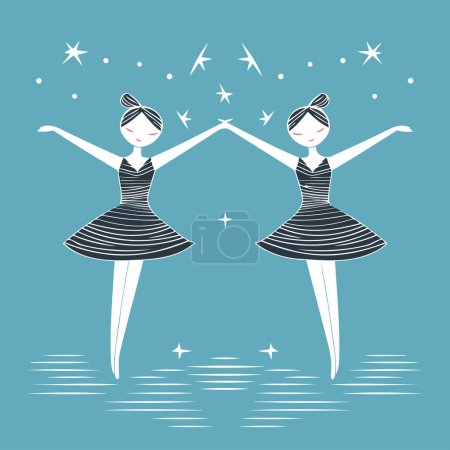 Téléchargez les illustrations : Deux ballerines dansant sur fond bleu. Illustration vectorielle. - en licence libre de droit