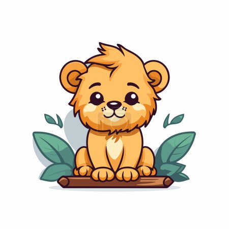 Ilustración de Lindo león de dibujos animados sentado en una plataforma de madera. Ilustración vectorial. - Imagen libre de derechos