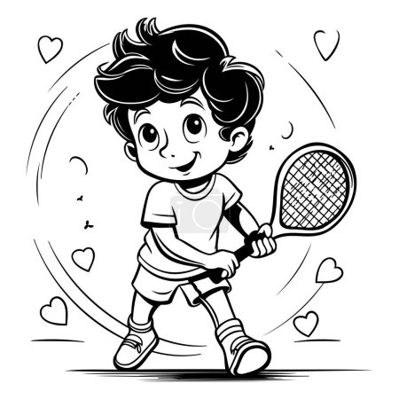 Illustration for Cute Boy Playing Tennis - Black and White Cartoon Illustration. Vector - Royalty Free Image