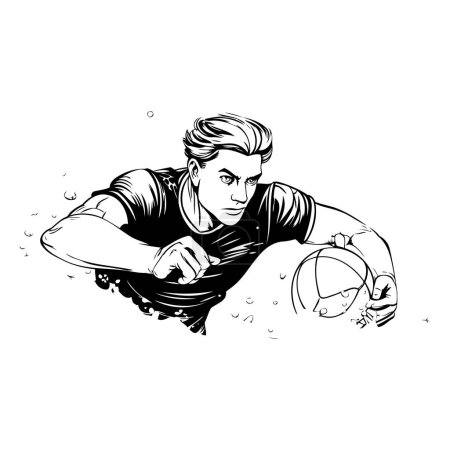 Ilustración de Ilustración de un jugador de rugby lanzando una pelota de rugby vista desde un lado sobre un fondo blanco aislado hecho en estilo retro. - Imagen libre de derechos