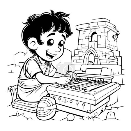 Téléchargez les illustrations : Illustration en noir et blanc d'un petit garçon jouant du piano ou du clavier pour un livre à colorier - en licence libre de droit