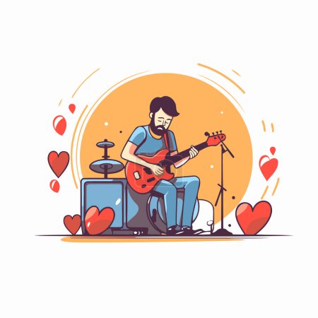 Téléchargez les illustrations : Illustration vectorielle d'un homme jouant de la guitare sur le fond des cœurs. - en licence libre de droit