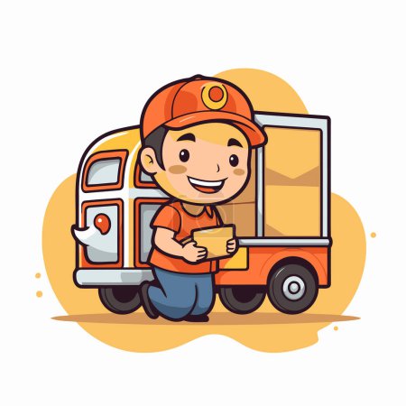 Illustration for Cute cartoon delivery boy in uniform and helmet. vector illustration. - Royalty Free Image