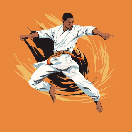 Illustration for Karate fighter in action. isolated vector illustration on orange background. - Royalty Free Image
