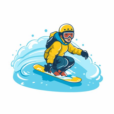 Téléchargez les illustrations : Snowboarder avec casque et lunettes sautant dans l'eau. Illustration vectorielle. - en licence libre de droit
