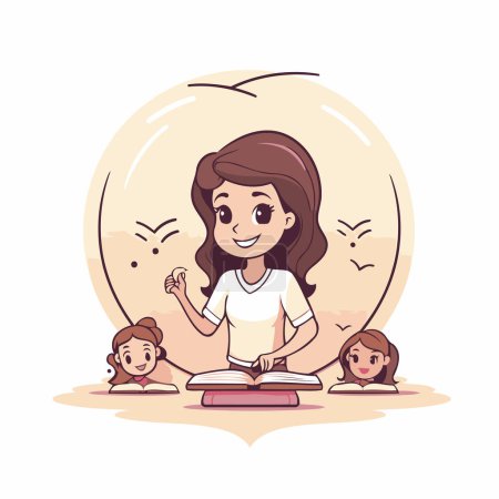 Photo for Girl reading a book with children in the background. Vector illustration. - Royalty Free Image