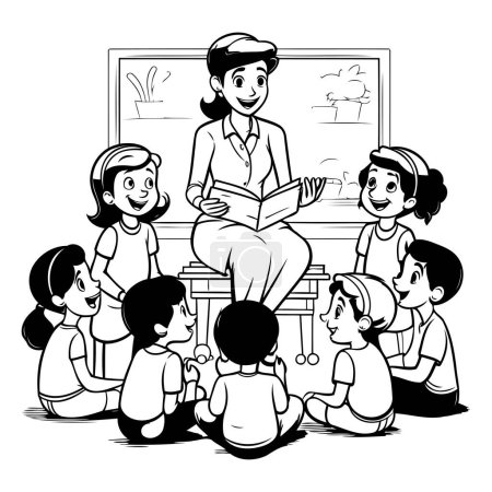 Téléchargez les illustrations : Enseignant et enfants en classe. illustration vectorielle noir et blanc design graphique - en licence libre de droit