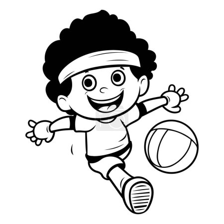 Téléchargez les illustrations : Dessin animé noir et blanc illustrant un enfant jouant au volleyball - en licence libre de droit
