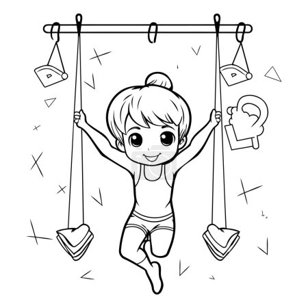 Illustration for Cute little girl swinging on a swing. Black and white vector illustration for coloring book. - Royalty Free Image