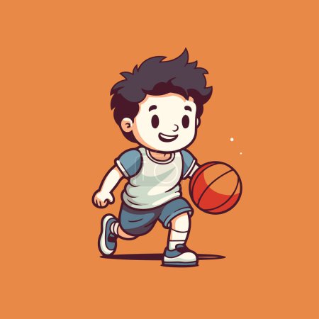 Téléchargez les illustrations : Un garçon de dessin animé jouant au basket. Illustration vectorielle d'un garçon jouant au basket. - en licence libre de droit