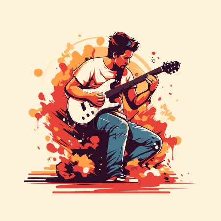 Téléchargez les illustrations : Guitariste jouant de la guitare électrique. Illustration vectorielle dans un style rétro - en licence libre de droit