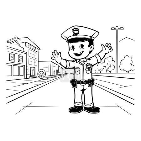 Illustration for Police man in uniform standing on the street. vector illustration. monochrome - Royalty Free Image