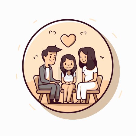 Téléchargez les illustrations : Illustration d'une famille assise sur une chaise avec un cœur en arrière-plan - en licence libre de droit