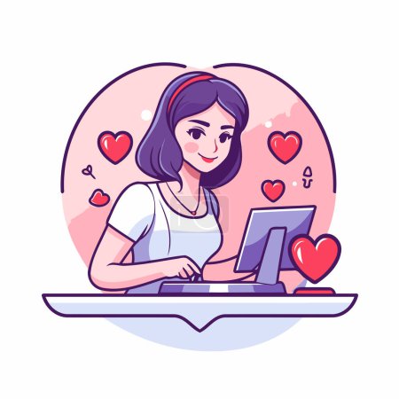 Ilustración de Mujer joven que usa la computadora para citas en línea. Ilustración vectorial en estilo de dibujos animados - Imagen libre de derechos
