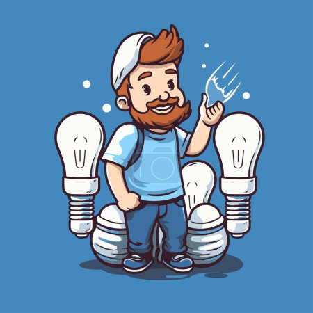 Illustration for Vector illustration of a man with lightbulbs. Cartoon character. - Royalty Free Image