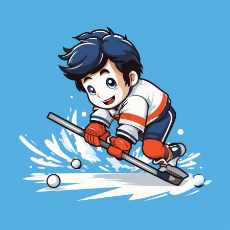 Cartoon boy playing hockey. Vector illustration of a child playing hockey.