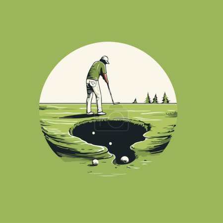 Téléchargez les illustrations : Golfeur sur le terrain de golf. Illustration vectorielle dans un style rétro. - en licence libre de droit