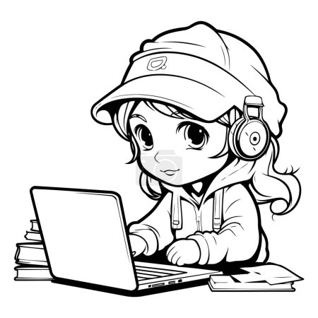 Schwarz-weiße Cartoon-Illustration von Kid Girl mit Laptop für Malbuch