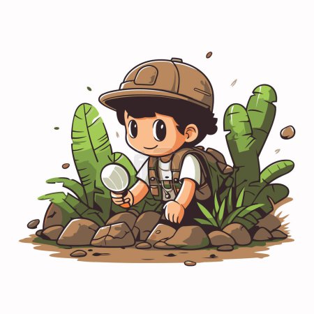 Illustration for Boy explorer with magnifying glass in the jungle. Vector illustration. - Royalty Free Image