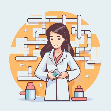 Téléchargez les illustrations : Illustration vectorielle d'une femme en blouse de laboratoire tenant un smartphone. - en licence libre de droit