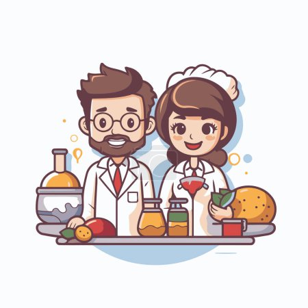 Illustration for Cute chef and his assistant in the kitchen. Vector illustration. - Royalty Free Image