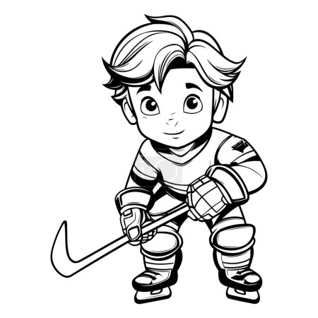 Téléchargez les illustrations : Joueur de hockey - Illustration de dessin animé noir et blanc. Isolé sur fond blanc - en licence libre de droit