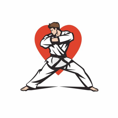 Ilustración de Karate hombre con un corazón rojo. Ilustración vectorial sobre fondo blanco. - Imagen libre de derechos