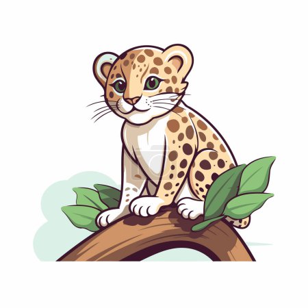 Téléchargez les illustrations : Mignon léopard dessin animé assis sur une branche d'arbre. Illustration vectorielle - en licence libre de droit