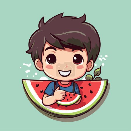 Illustration for Cute little boy eating watermelon. Vector cartoon character illustration. - Royalty Free Image