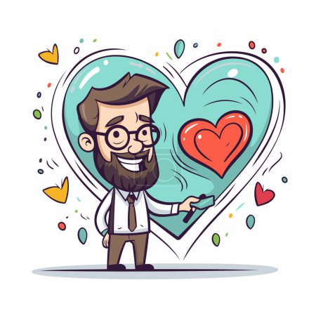 Illustration for Vector cartoon illustration of a hipster man with beard holding a heart in his hand. - Royalty Free Image