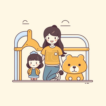 Illustration for Mother and daughter playing with dog on playground. Flat design vector illustration. - Royalty Free Image