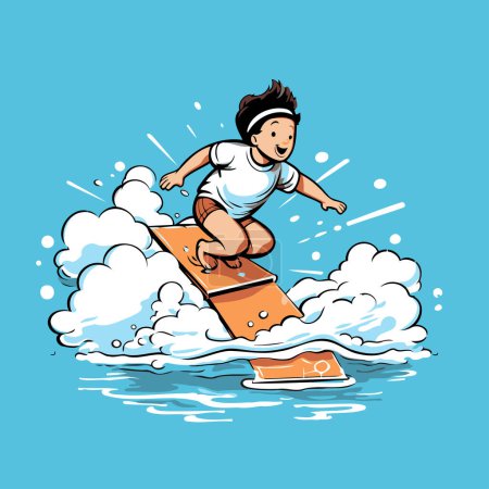 Illustration for Boy surfing on a wave. Vector illustration in a cartoon style. - Royalty Free Image