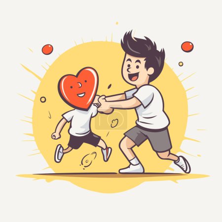 Illustration for Vector illustration of a boy running with a red heart in his hand - Royalty Free Image