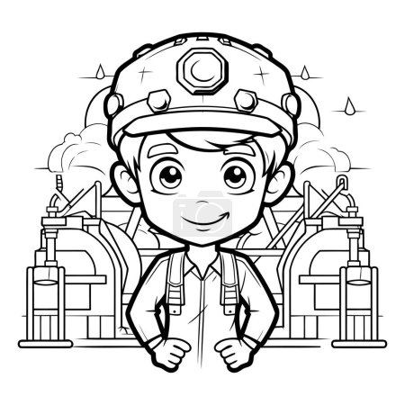 Ilustración de Ilustración de dibujos animados en blanco y negro del personaje de bombero infantil para colorear libro - Imagen libre de derechos