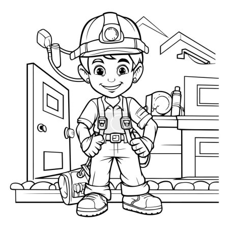 Téléchargez les illustrations : Illustration de dessin animé noir et blanc de petit pompier ou personnage de pompier pour livre à colorier - en licence libre de droit