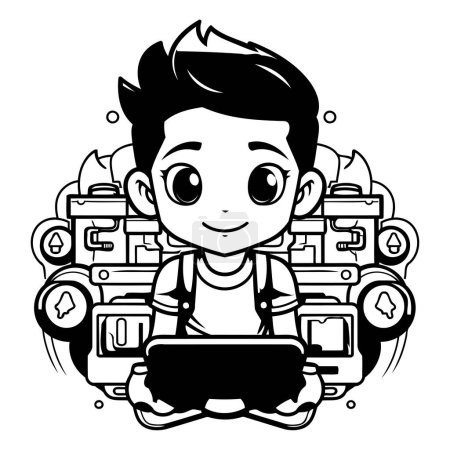 Illustration for Boy with a Tablet PC - Black and White Cartoon Illustration. Vector - Royalty Free Image