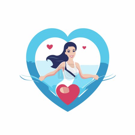 Illustration for Young woman swimming in the sea with a heart shape. Vector illustration. - Royalty Free Image