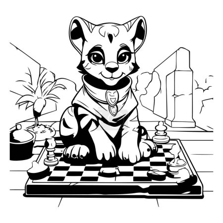 Illustration for Black and White Cartoon Illustration of a Cat Playing Chess - Coloring Book - Royalty Free Image